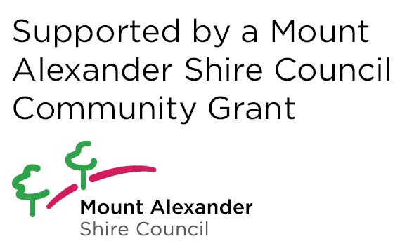 Mount Alexander Shire Council logo and Supported by a Community grant text square - 2025